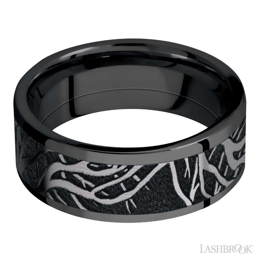 8 mm wide/Flat/Zirconium band with one 6 mm Centered inlay of Tantalum with a laser carved Branches pattern. view 3