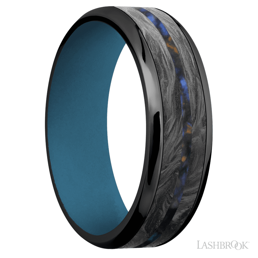 7 mm wide/Beveled/Zirconium band featuring inlays of Forged Carbon Fiber and Blue Tiger Eye also featuring a Royal Blue sleeve. view 2