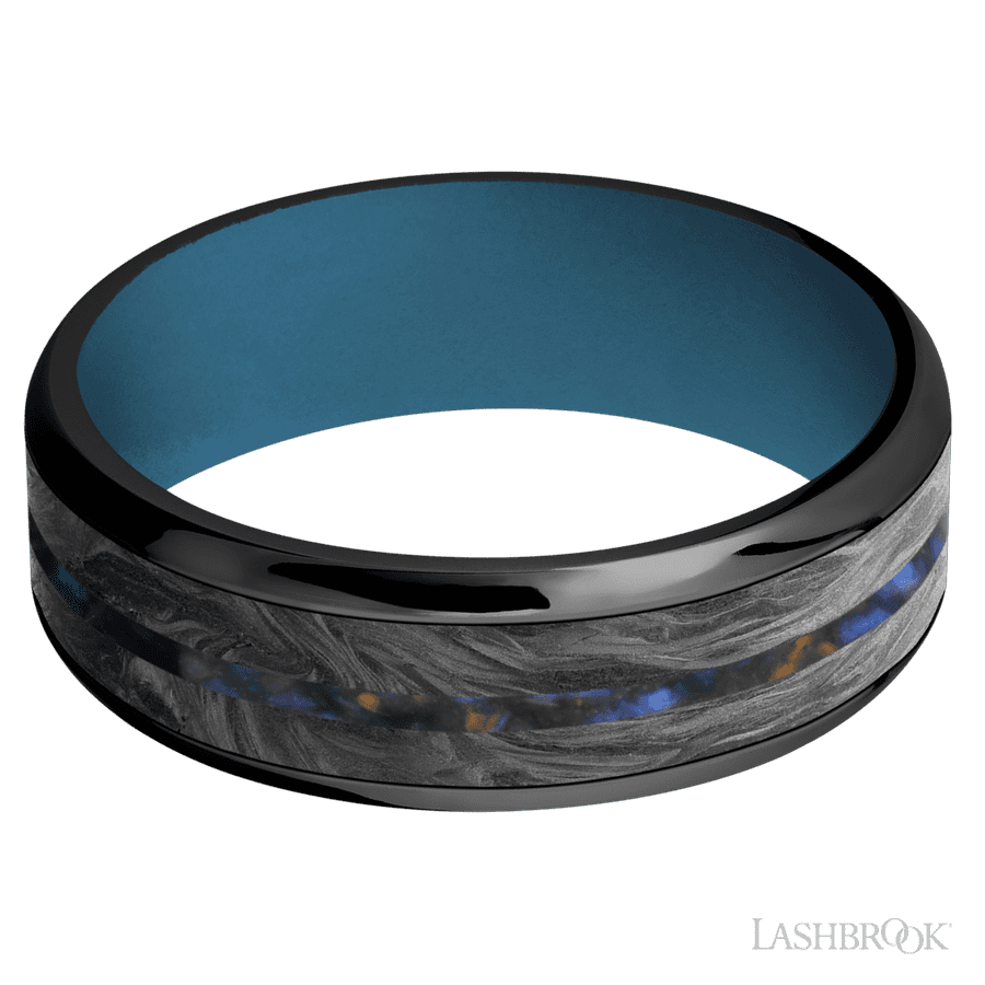 7 mm wide/Beveled/Zirconium band featuring inlays of Forged Carbon Fiber and Blue Tiger Eye also featuring a Royal Blue sleeve. view 3