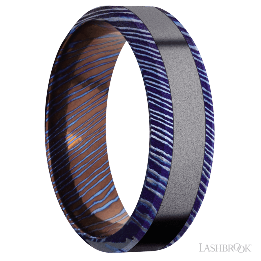 7 mm wide/High Bevel/Titanium Damascus band with one 3 mm Centered inlay of Tantalum. view 2
