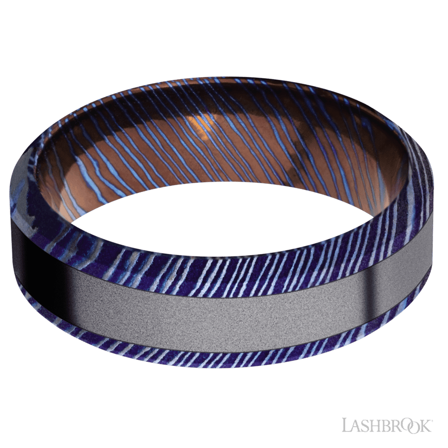 7 mm wide/High Bevel/Titanium Damascus band with one 3 mm Centered inlay of Tantalum. view 3