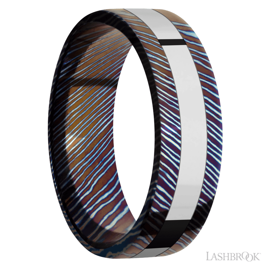 7 mm wide/Flat/Titanium Damascus band with one 3 mm Centered inlay of Cobalt Chrome. view 2