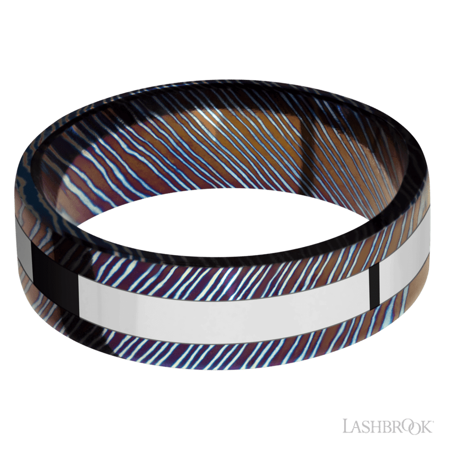 7 mm wide/Flat/Titanium Damascus band with one 3 mm Centered inlay of Cobalt Chrome. view 3