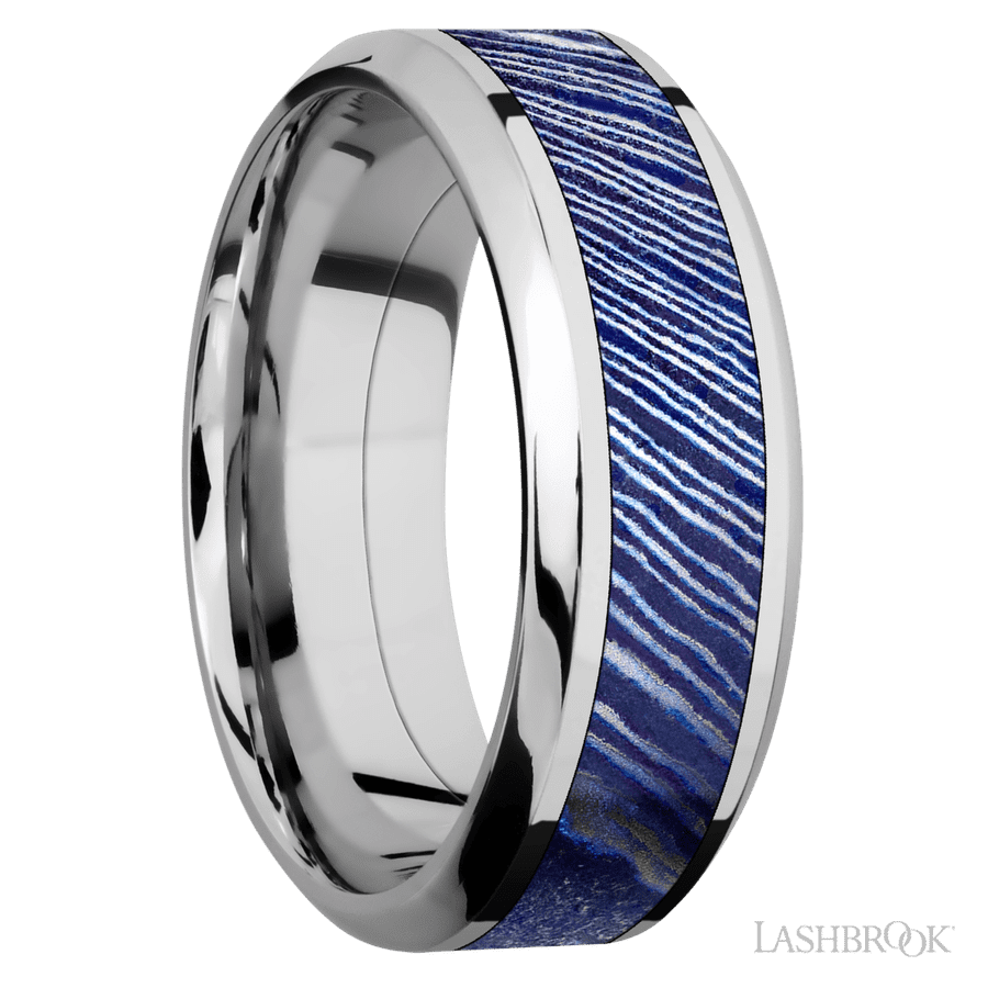 8 mm wide/High Bevel/Cobalt Chrome band with one 4 mm Centered inlay of Titanium Damascus. view 2