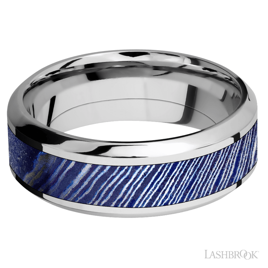 8 mm wide/High Bevel/Cobalt Chrome band with one 4 mm Centered inlay of Titanium Damascus. view 3