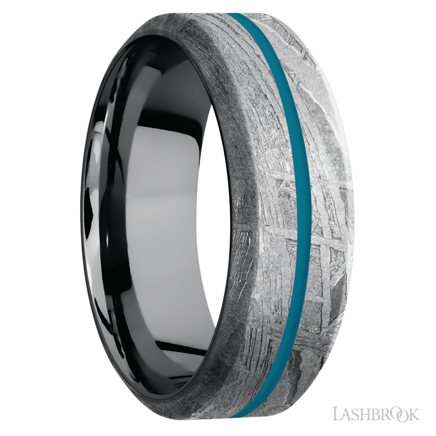 8 mm wide/High Bevel/Meteorite band with one 1 mm Centered inlay of Sea Blue also featuring a Tantalum sleeve. view 2