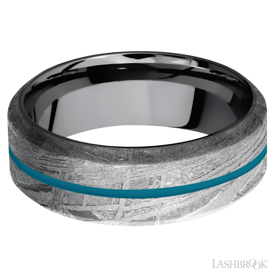 8 mm wide/High Bevel/Meteorite band with one 1 mm Centered inlay of Sea Blue also featuring a Tantalum sleeve. view 3