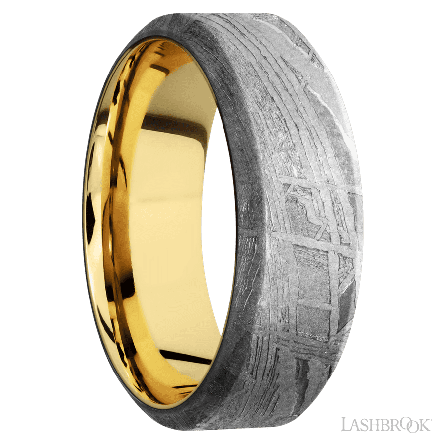 8 mm wide High Bevel Meteorite band featuring a 14K Yellow Gold sleeve. view 2