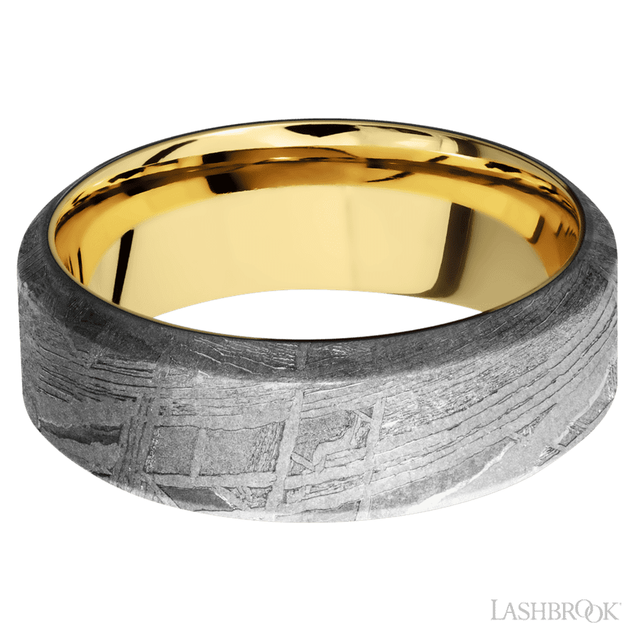 8 mm wide High Bevel Meteorite band featuring a 14K Yellow Gold sleeve. view 3