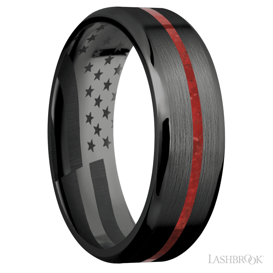 7 mm wide/Beveled/Zirconium band with one 1 mm Centered inlay of Coral. view 2