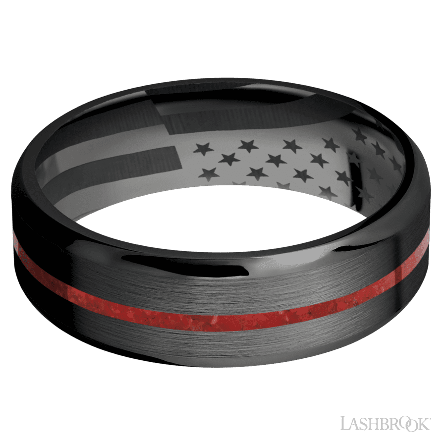 7 mm wide/Beveled/Zirconium band with one 1 mm Centered inlay of Coral. view 3