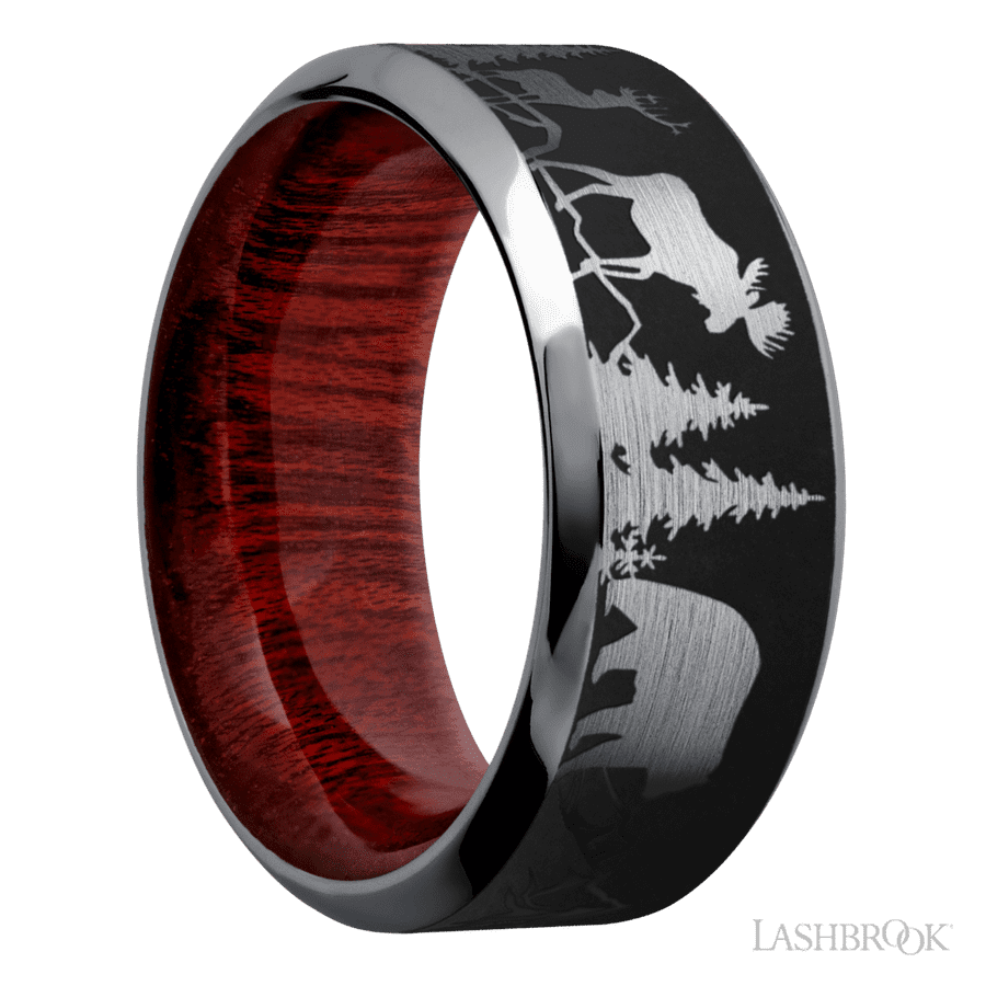 9 mm wide/High Bevel/Tantalum band with a laser carved Bear Moose Deer Mountain pattern also featuring a Blood Wood sleeve. view 2