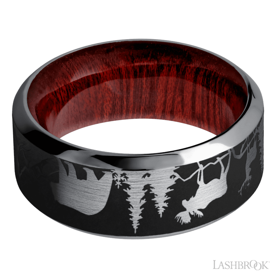 9 mm wide/High Bevel/Tantalum band with a laser carved Bear Moose Deer Mountain pattern also featuring a Blood Wood sleeve. view 3