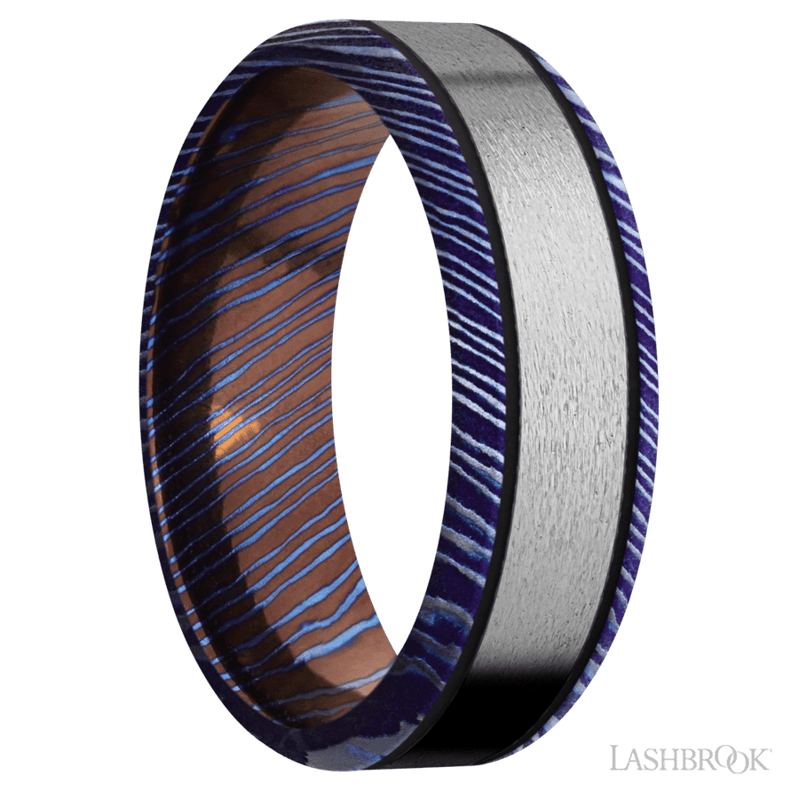 7 mm wide/Beveled/Titanium Damascus band with one 4 mm Centered inlay of Titanium. view 2