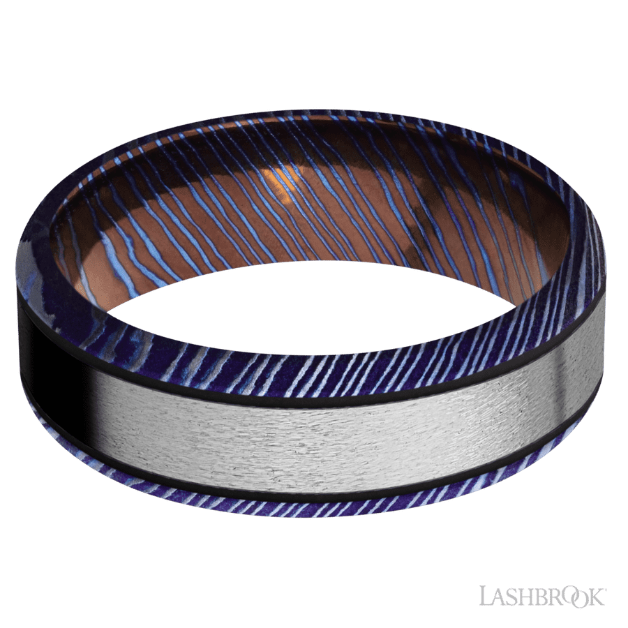 7 mm wide/Beveled/Titanium Damascus band with one 4 mm Centered inlay of Titanium. view 3