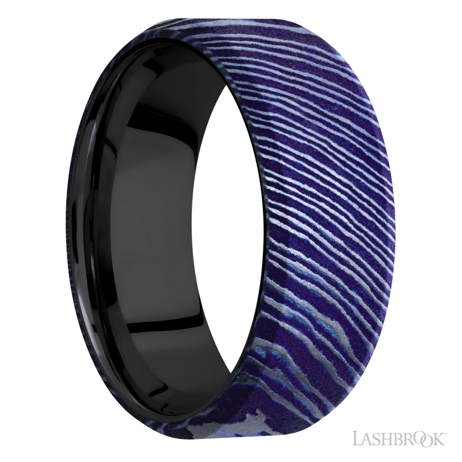 8 mm wide Beveled Titanium Damascus band featuring a Zirconium sleeve. view 2