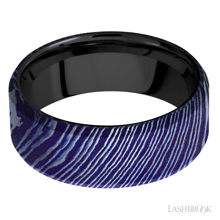 8 mm wide Beveled Titanium Damascus band featuring a Zirconium sleeve. view 3