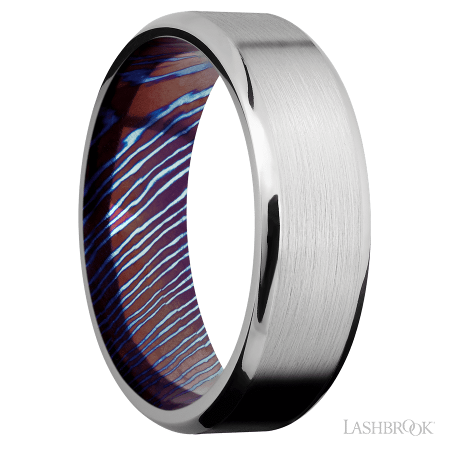 7 mm wide Beveled Cobalt Chrome band featuring a Titanium Damascus sleeve. view 2