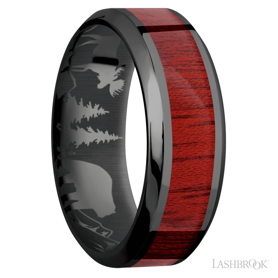 8 mm wide/High Bevel/Zirconium band with one 4 mm Centered inlay of Blood Wood. view 2