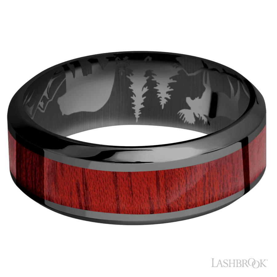8 mm wide/High Bevel/Zirconium band with one 4 mm Centered inlay of Blood Wood. view 3