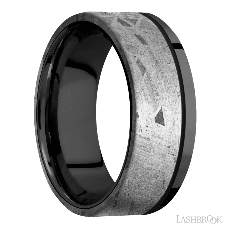 8 mm wide/Flat/Zirconium band with one 6 mm Off Center Edge inlay of Meteorite. view 2