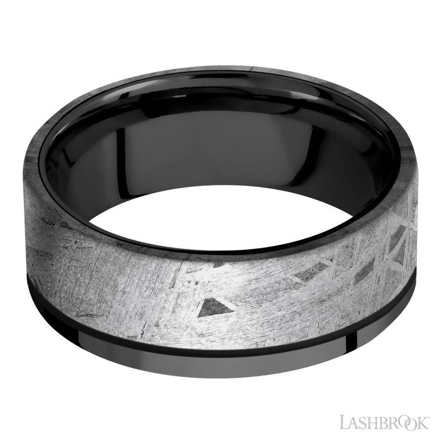 8 mm wide/Flat/Zirconium band with one 6 mm Off Center Edge inlay of Meteorite. view 3