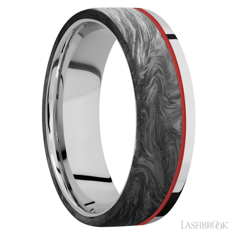 7 mm wide/Flat/Cobalt Chrome band with one 5 mm Off Center Edge inlay of Forged Carbon Fiber. view 2