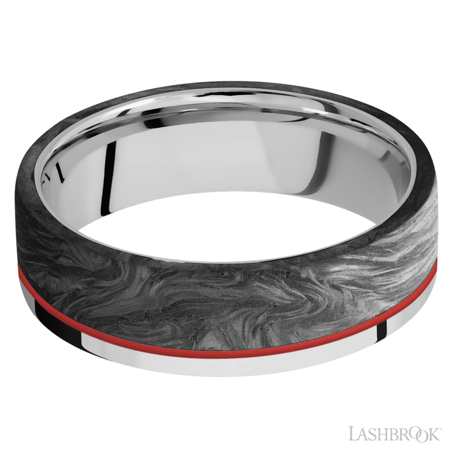 7 mm wide/Flat/Cobalt Chrome band with one 5 mm Off Center Edge inlay of Forged Carbon Fiber. view 3