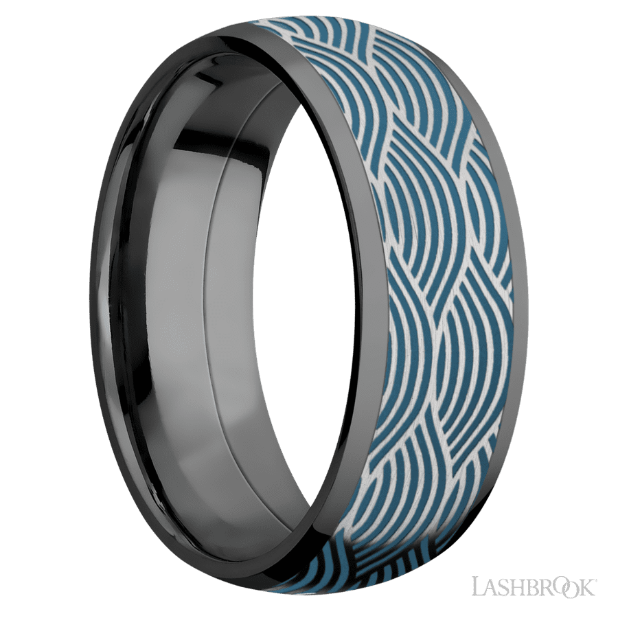 8 mm wide/Domed/Zirconium band with one 6 mm Centered inlay of Cobalt Chrome with a laser carved Navigator pattern. view 2