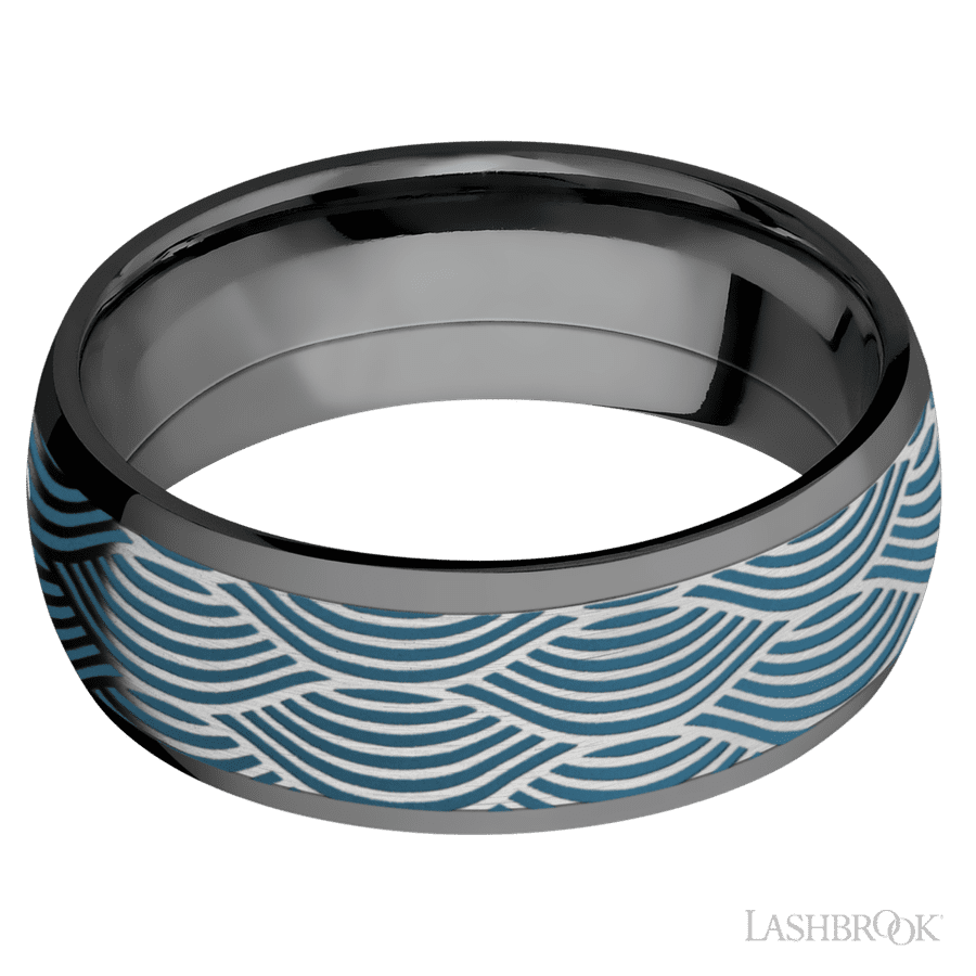 8 mm wide/Domed/Zirconium band with one 6 mm Centered inlay of Cobalt Chrome with a laser carved Navigator pattern. view 3