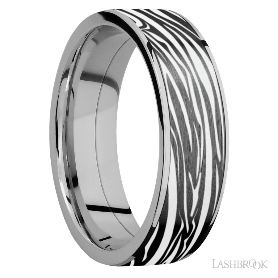 7 mm wide/Flat/Titanium band with one 6 mm Centered inlay of Zirconium with a laser carved Zebra pattern. view 2