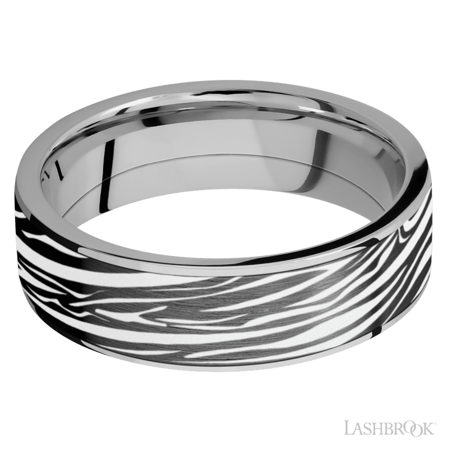 7 mm wide/Flat/Titanium band with one 6 mm Centered inlay of Zirconium with a laser carved Zebra pattern. view 3