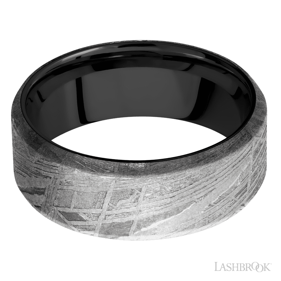 8 mm wide Beveled Meteorite band featuring a Zirconium sleeve. view 3