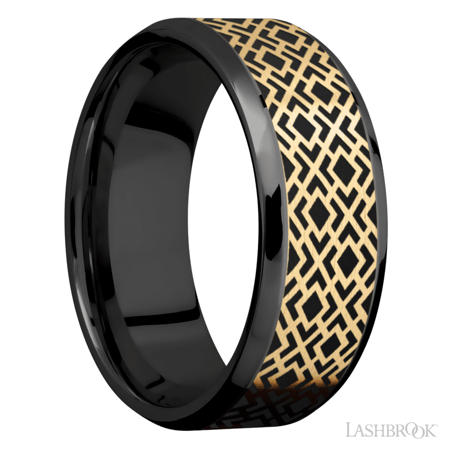 8 mm wide/Beveled/Zirconium band with one 6 mm Centered inlay of 14K Yellow Gold with a laser carved Trellis 2 pattern. view 2