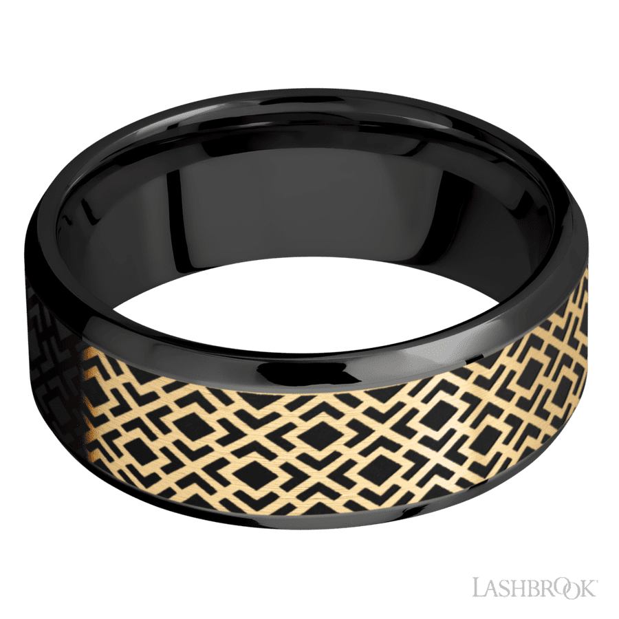 8 mm wide/Beveled/Zirconium band with one 6 mm Centered inlay of 14K Yellow Gold with a laser carved Trellis 2 pattern. view 3