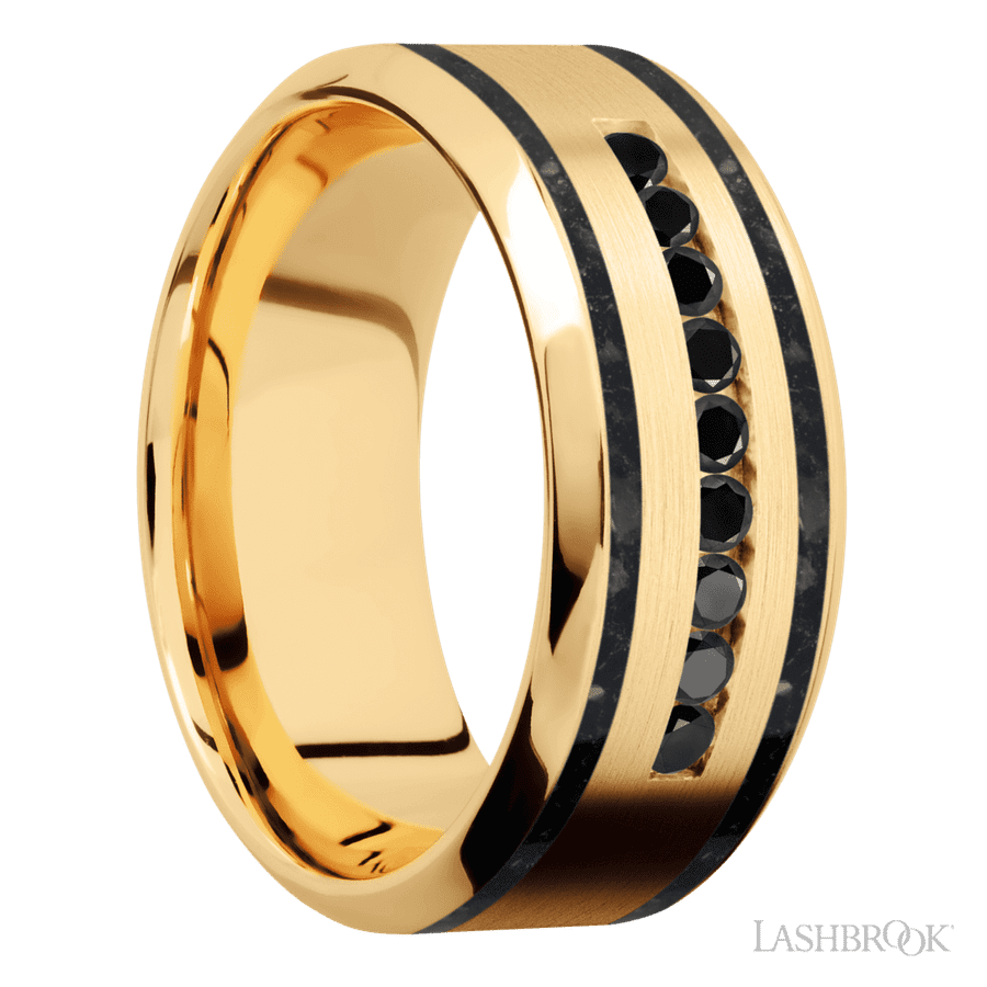 9 mm wide/High Bevel/14K Yellow Gold band with  two 1 mm Wide inlays of Black Onyx and featuring an  arrangement of 9, .03 carat Round Black Diamond stones in a Channel setting view 2