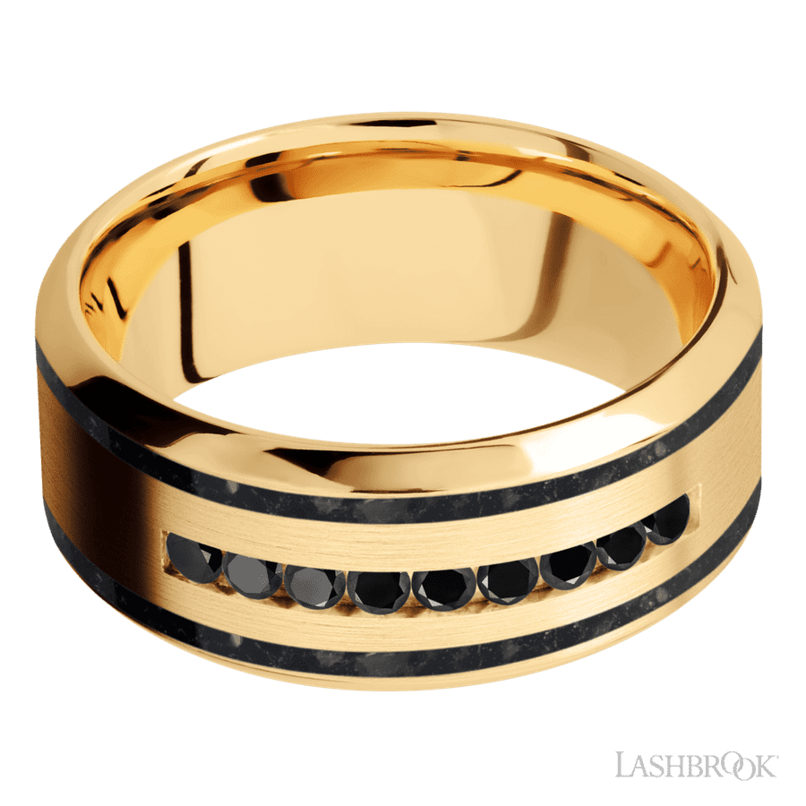 9 mm wide/High Bevel/14K Yellow Gold band with  two 1 mm Wide inlays of Black Onyx and featuring an  arrangement of 9, .03 carat Round Black Diamond stones in a Channel setting view 3