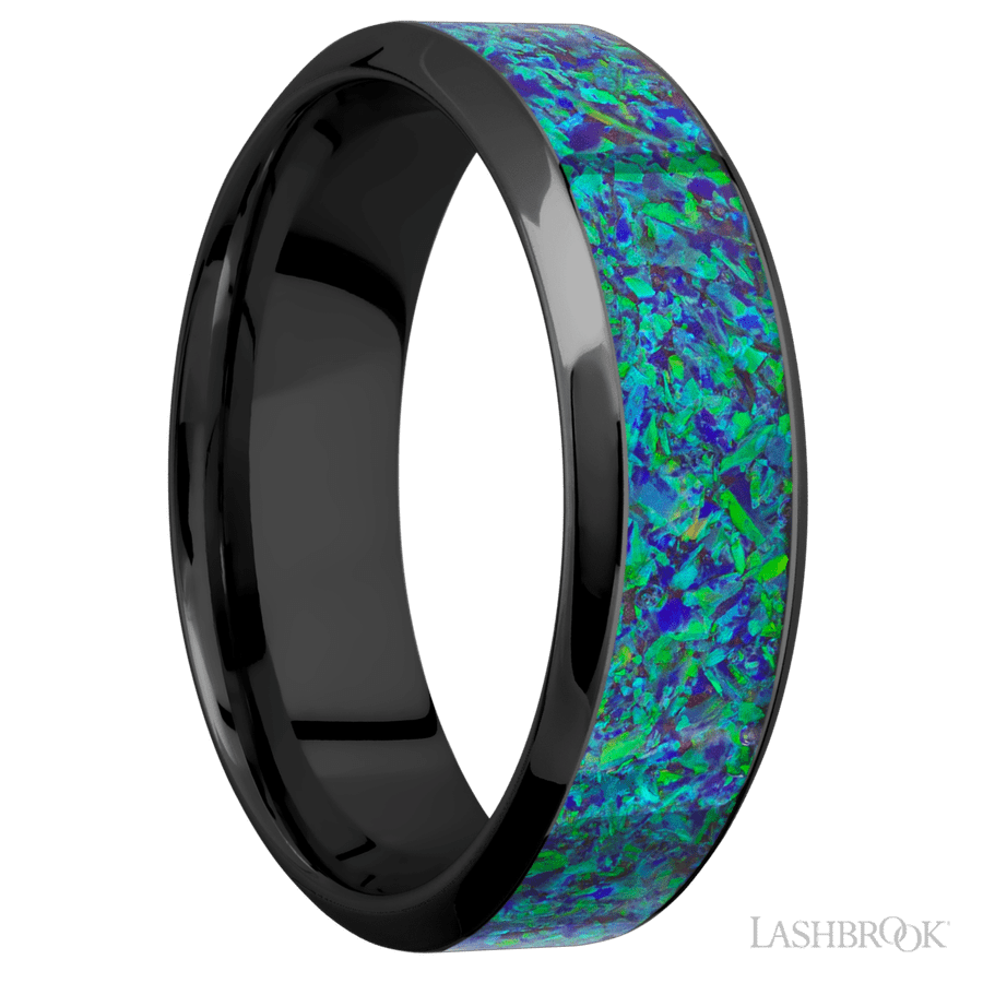 7 mm wide/High Bevel/Zirconium band with one 4 mm Centered inlay of Green Opal. view 2