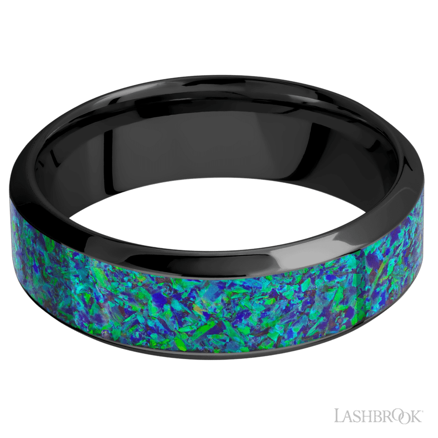 7 mm wide/High Bevel/Zirconium band with one 4 mm Centered inlay of Green Opal. view 3