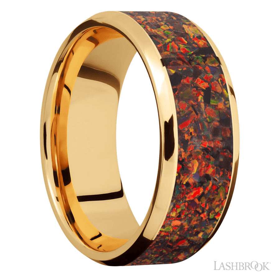 8 mm wide/Beveled/14K Yellow Gold band with one 6 mm Centered inlay of Red Opal. view 2