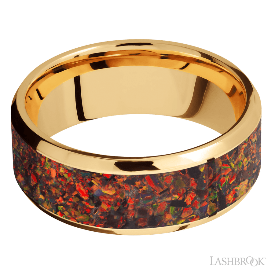 8 mm wide/Beveled/14K Yellow Gold band with one 6 mm Centered inlay of Red Opal. view 3