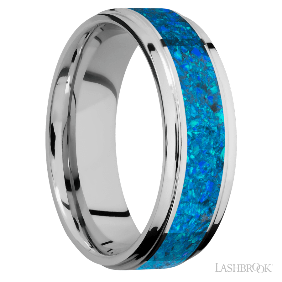 7 mm wide/Flat Grooved Edges/Cobalt Chrome band with one 4 mm Centered inlay of Blue Opal. view 2