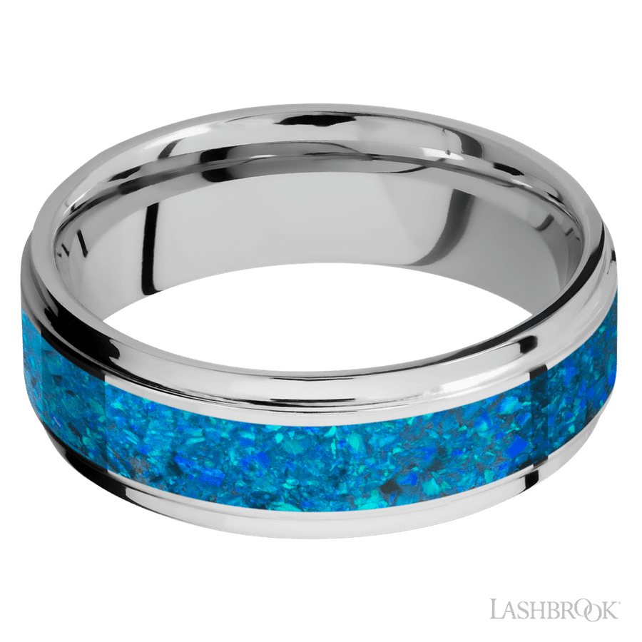 7 mm wide/Flat Grooved Edges/Cobalt Chrome band with one 4 mm Centered inlay of Blue Opal. view 3