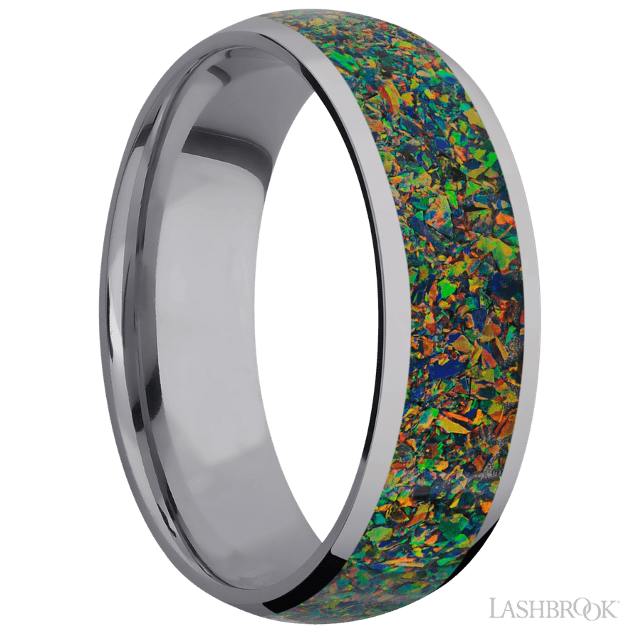 7 mm wide/Domed/Tantalum band with one 5 mm Centered inlay of Black Opal. view 2