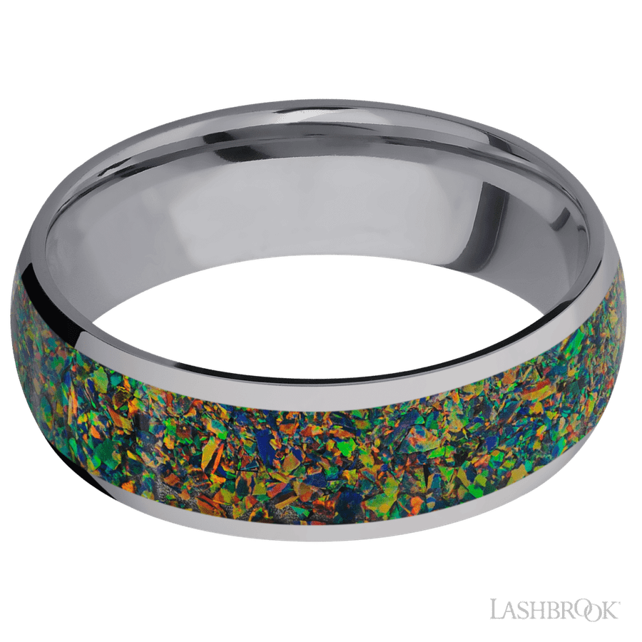 7 mm wide/Domed/Tantalum band with one 5 mm Centered inlay of Black Opal. view 3