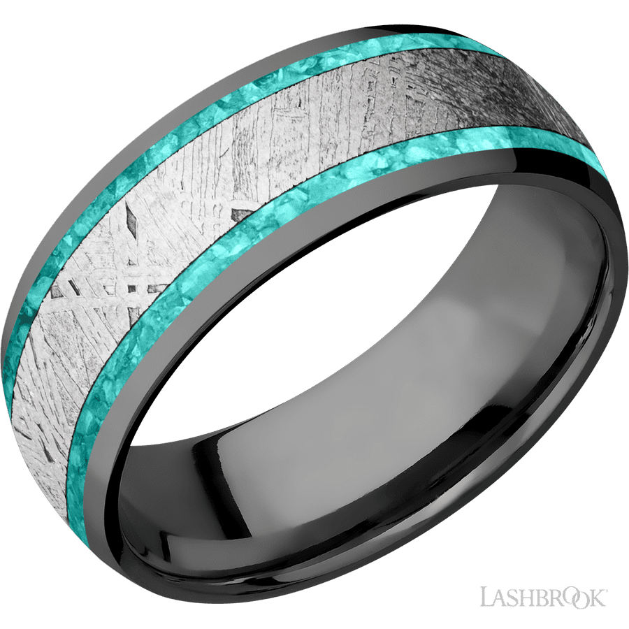 8 Mm Wide/domed/zirconium Band Featuring Inlays Of Teal Opal And Meteorite.