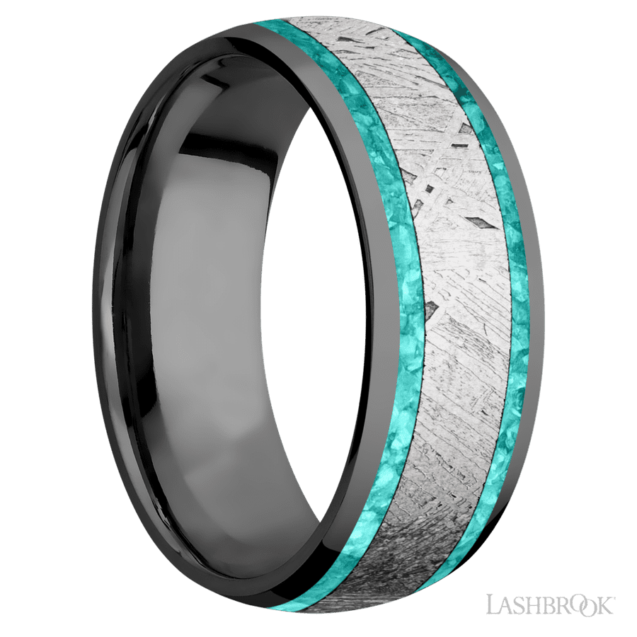 8 mm wide/Domed/Zirconium band featuring inlays of Teal Opal and Meteorite. view 2