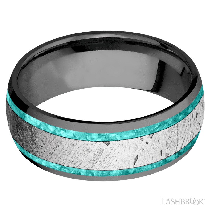 8 mm wide/Domed/Zirconium band featuring inlays of Teal Opal and Meteorite. view 3