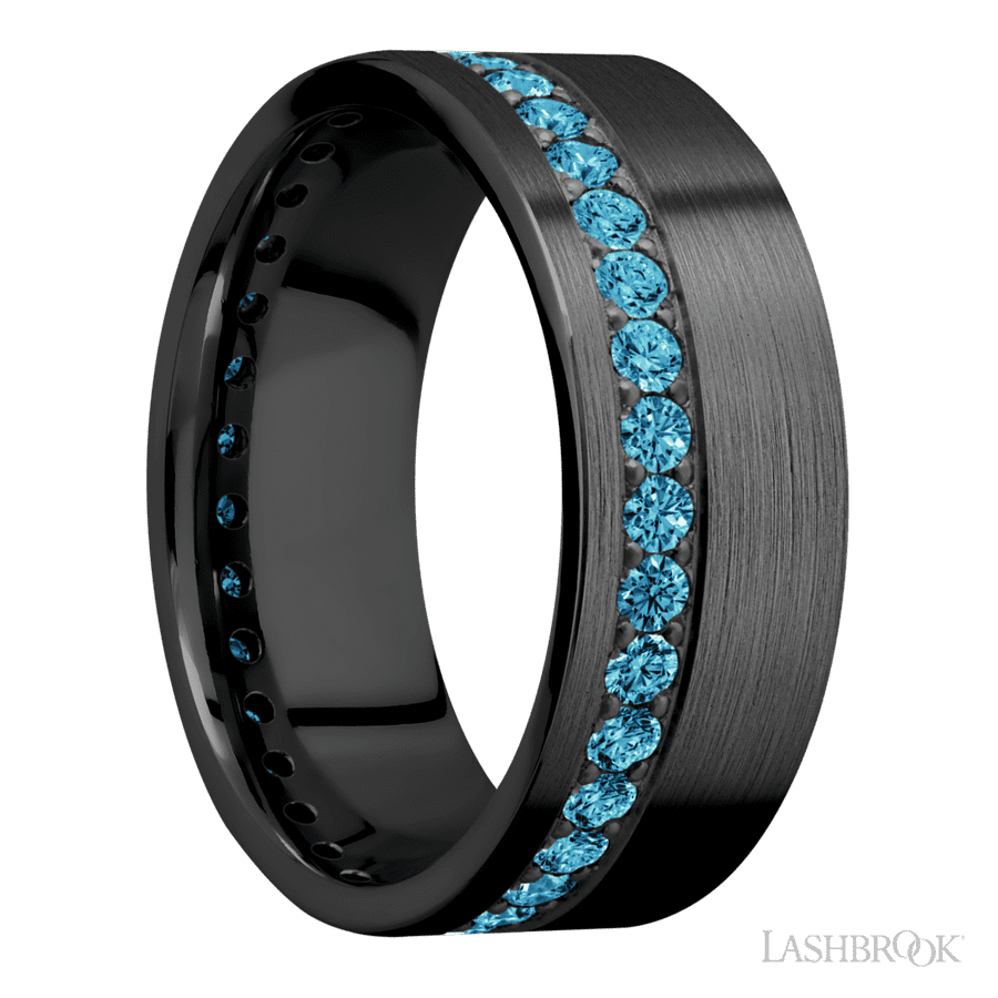 8 mm wide/Flat/Zirconium band with a Off Center Eternity arrangement of .03 carat Round Lab Blue Diamond stones in a Bead setting. view 2