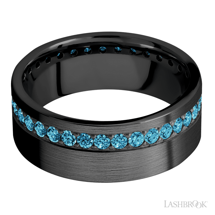 8 mm wide/Flat/Zirconium band with a Off Center Eternity arrangement of .03 carat Round Lab Blue Diamond stones in a Bead setting. view 3